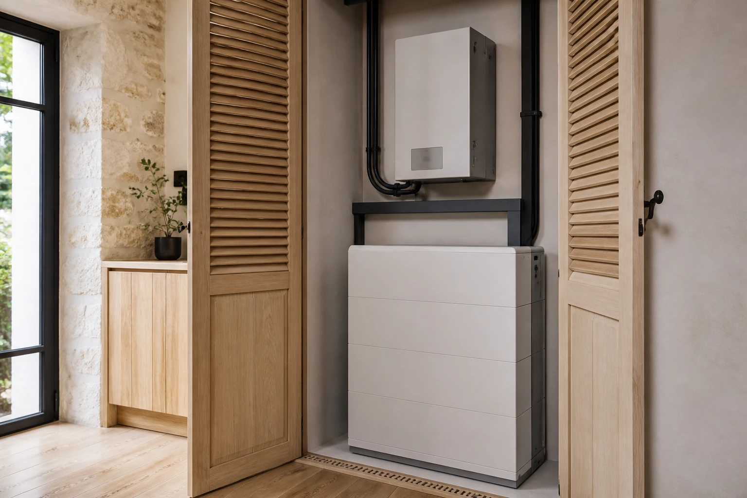 Batterie résidentielle et onduleur hybride installés dans un local technique ventilé