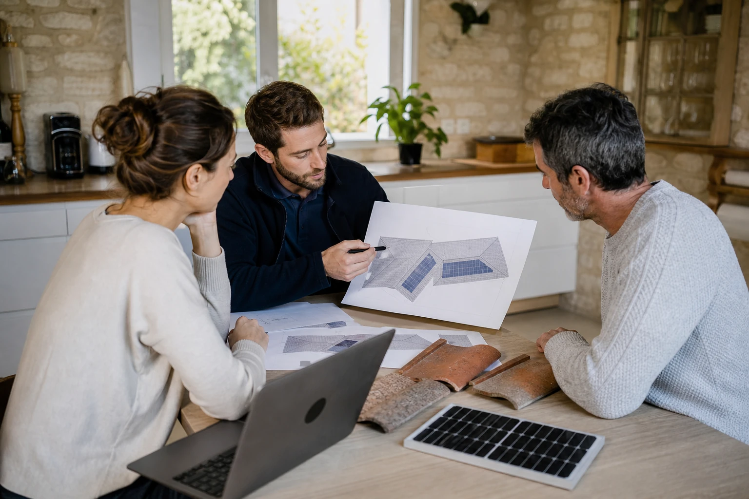 Préparer un projet photovoltaïque Conseiller solaire échangeant avec un couple autour d'un relevé de toiture
