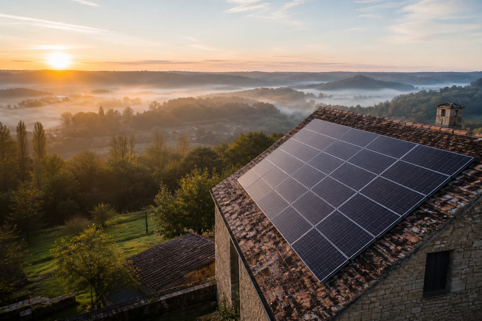 Demande de devis solaire à Périgueux Rangée de panneaux photovoltaïques au lever du soleil dans la campagne de Dordogne