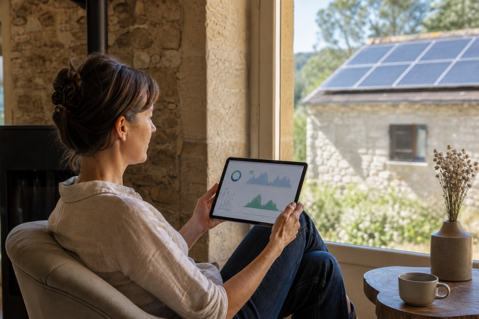 Habitant consultant le suivi de sa production solaire sur une tablette