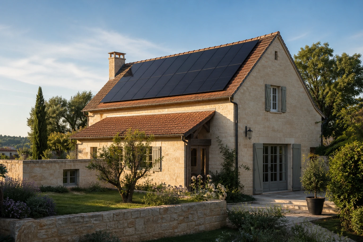 Toiture solaire résidentielle près de Périgueux Maison périgourdine en pierre claire équipée de panneaux photovoltaïques sur son toit en tuiles