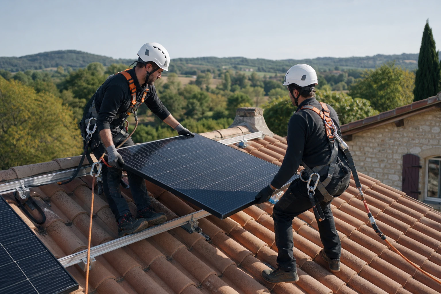 Pose professionnelle de panneaux solaires Deux installateurs posant des modules photovoltaïques avec protections antichute