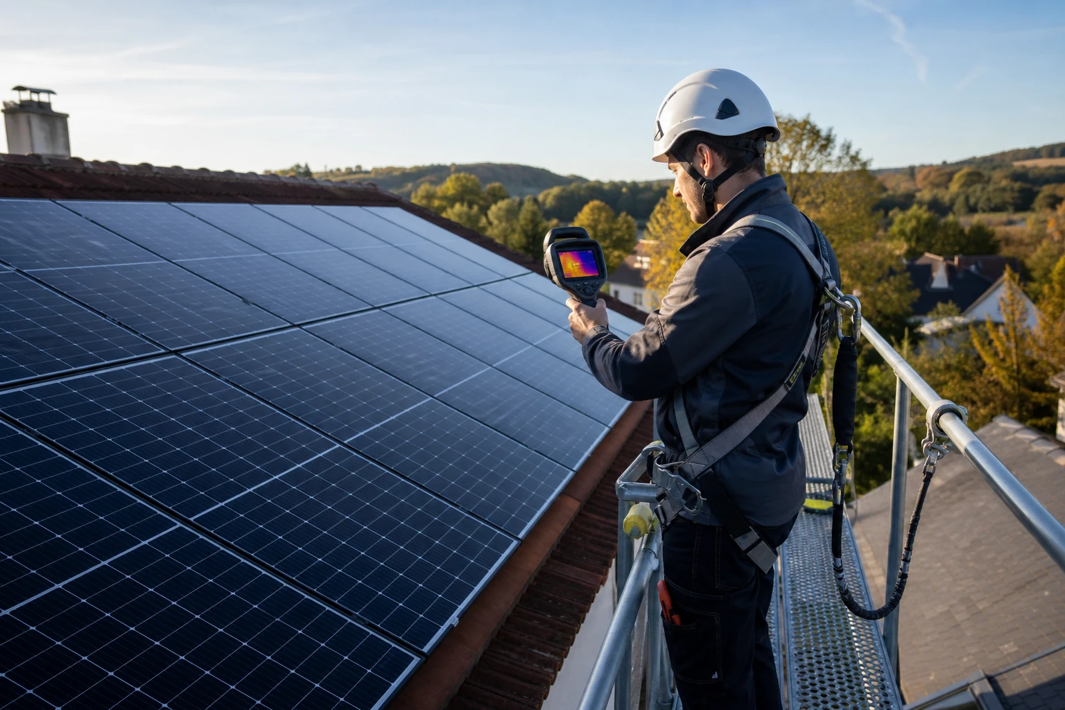 Technicien inspectant la surface d'un panneau photovoltaïque en sécurité