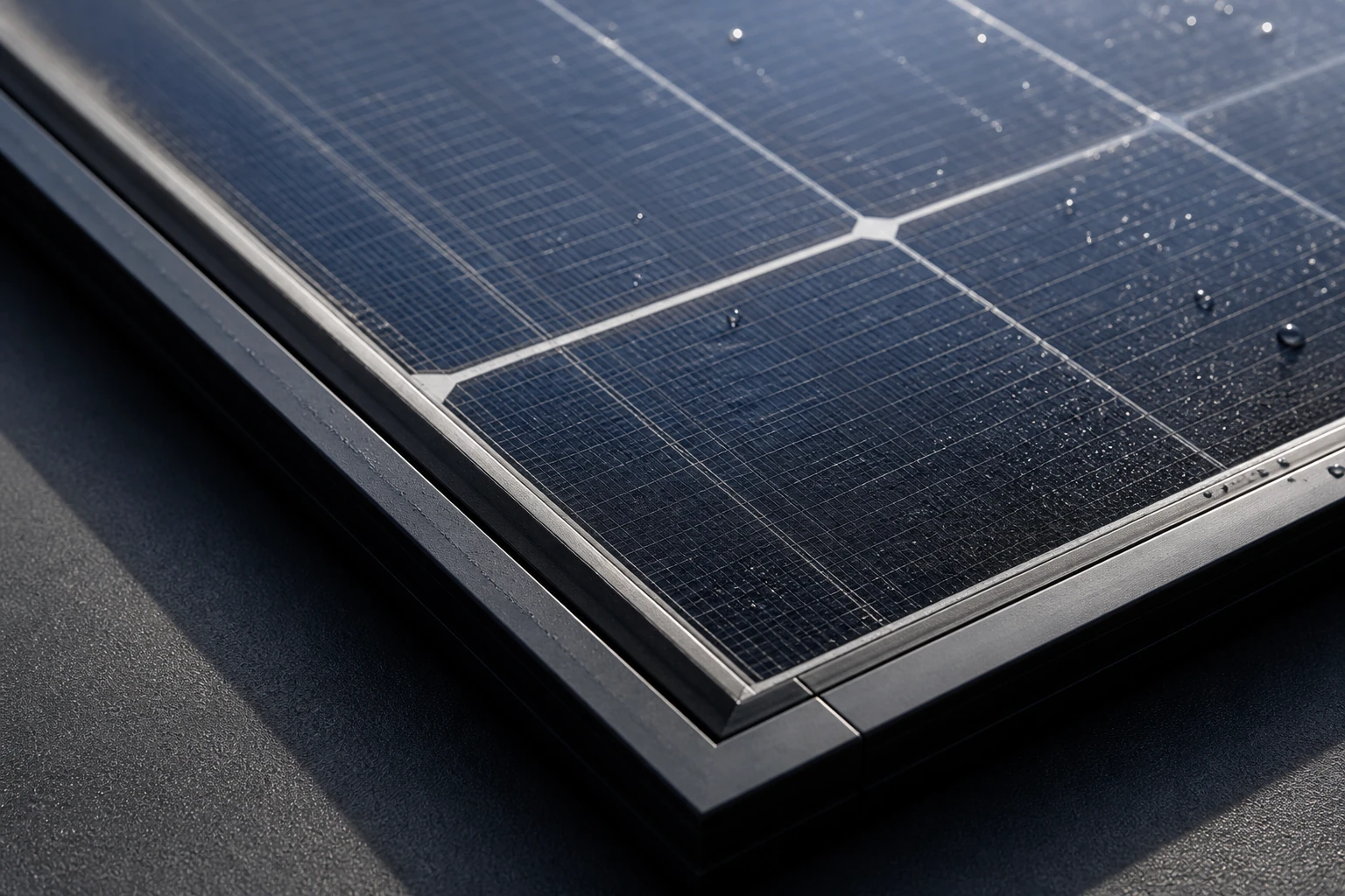 Gros plan sur les cellules, le verre et le cadre d'un module photovoltaïque noir