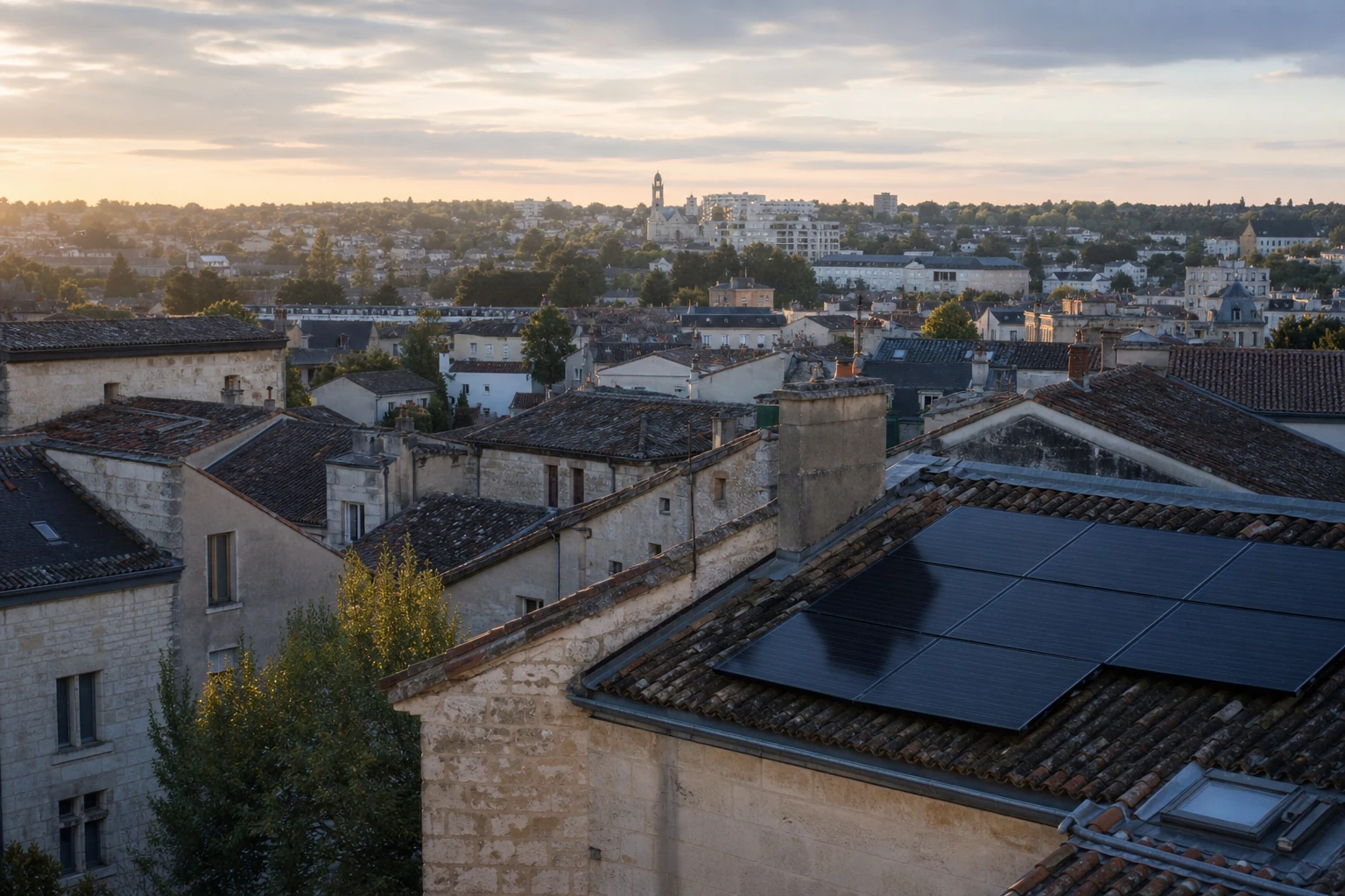 Panneaux solaires à Périgueux Toits en pierre et en tuiles de Périgueux avec une installation photovoltaïque au premier plan