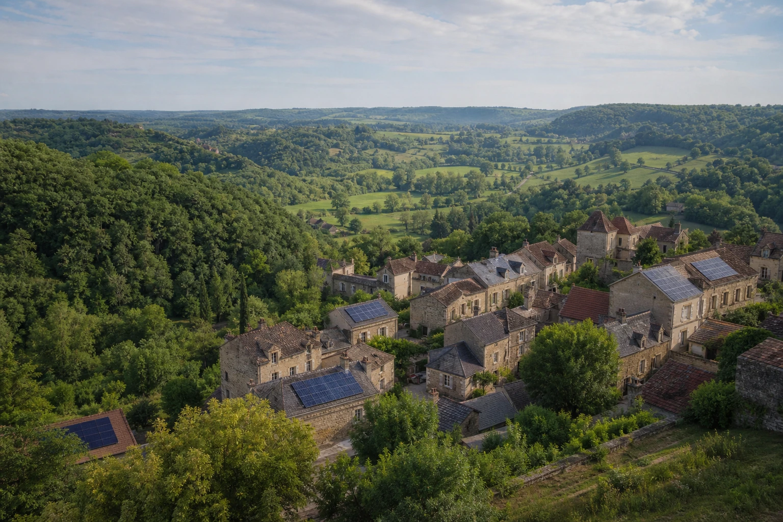 Paysage solaire en Nouvelle-Aquitaine Village en pierre dans les vallées boisées de Dordogne avec plusieurs toitures solaires discrètes