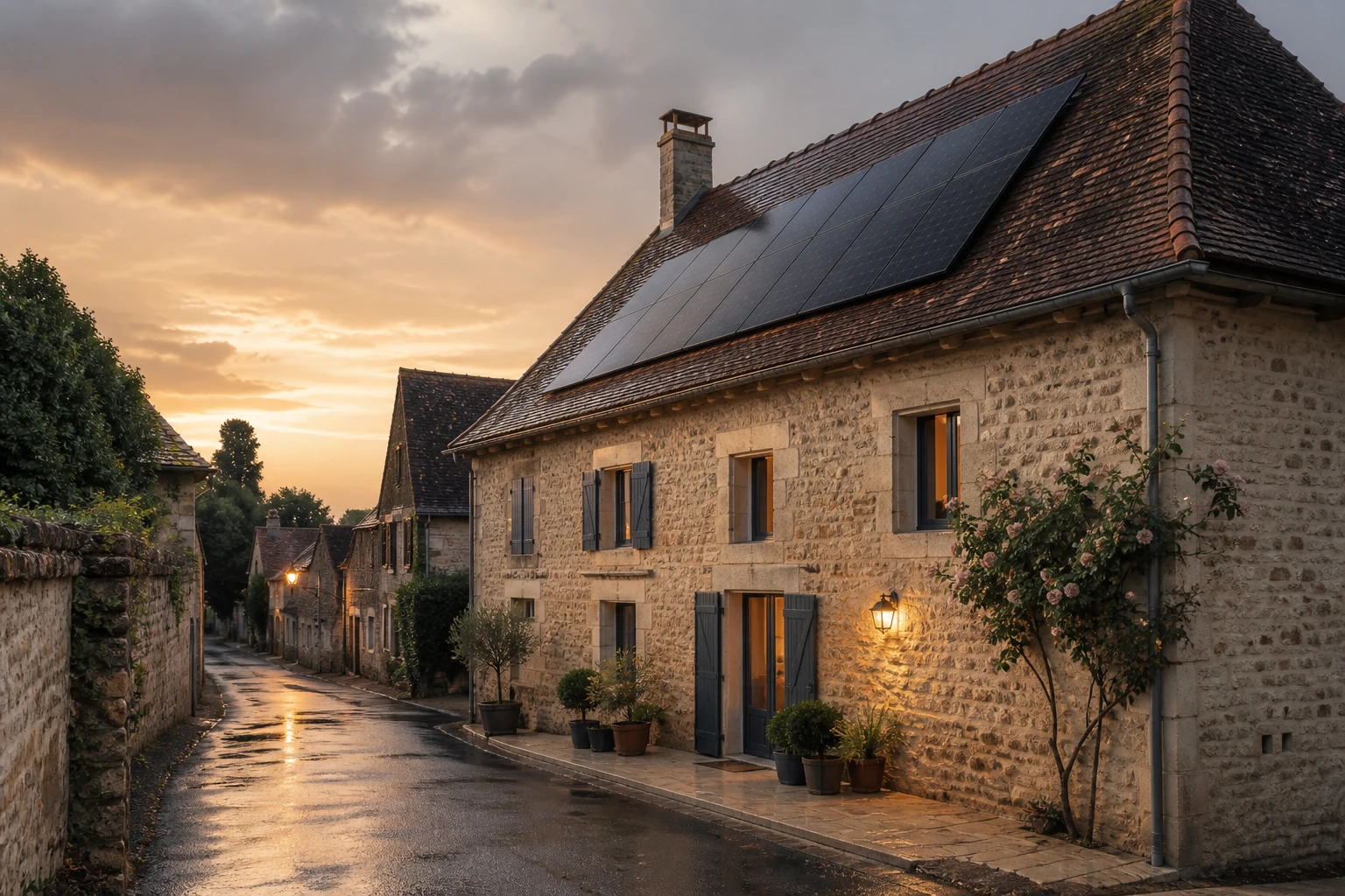 Petite installation solaire locale Maison de village en pierre rénovée avec modules photovoltaïques sur toiture en tuiles